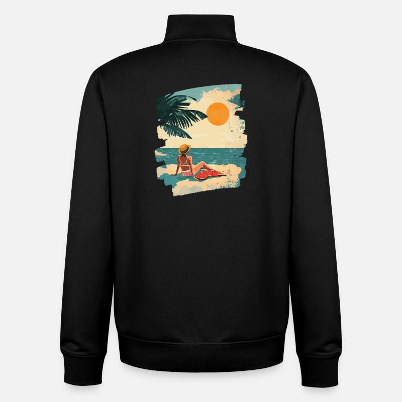 Plage d’été rétro - Sweat zippé unisexe en coton bio Stanley/Stella - noir