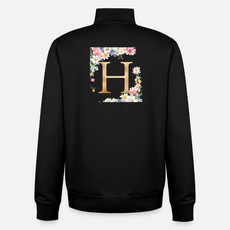 H Monogram, Floral, Personalizable - Unisex Organic Zip Sweatshirt by Stanley/Stella - black