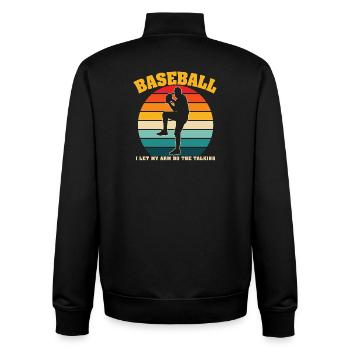 Baseball rétro Je laisse mon bras faire le lanceur parlant - Sweat zippé unisexe en coton bio Stanley/Stella - noir - Dos - AI Model Male 185 light (185cm)