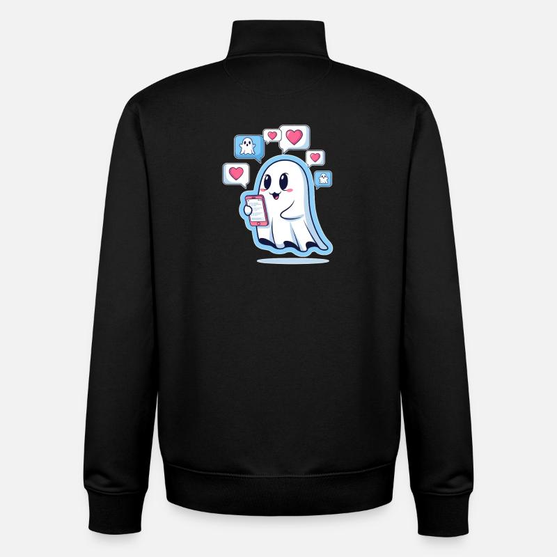 Cute ghost with smartphone - Unisex Organic Zip Sweatshirt by Stanley/Stella - black