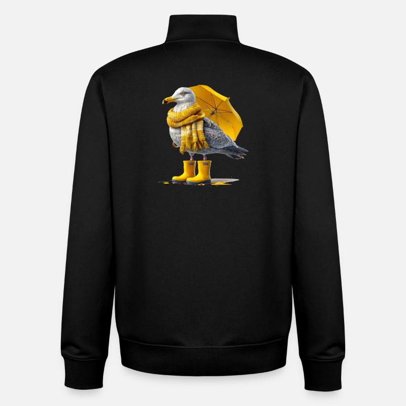Seagull with yellow umbrella and boots - Unisex Organic Zip Sweatshirt by Stanley/Stella - black
