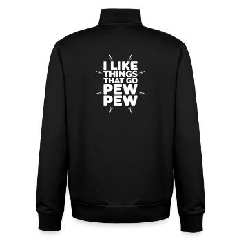 Ich mag Dinge, die zu Pew Pew gehören - Unisex Organic Zip Sweatshirt von Stanley/Stella - Schwarz - Hinten - AI Model Male 185 light (185cm)