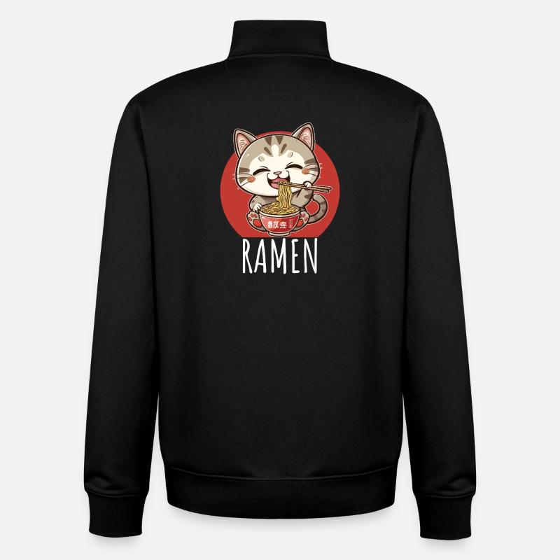 Retro Kawaii Cat Eats Ramen - Unisex Organic Zip Sweatshirt by Stanley/Stella - black