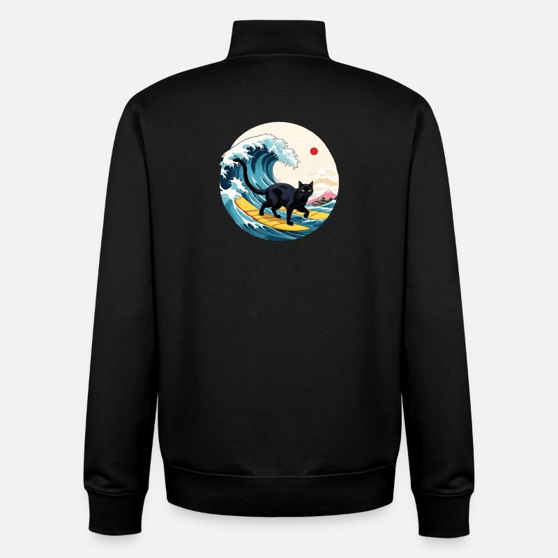 Black Cat Surfing Wave - Sweat zippé unisexe en coton bio Stanley/Stella - noir