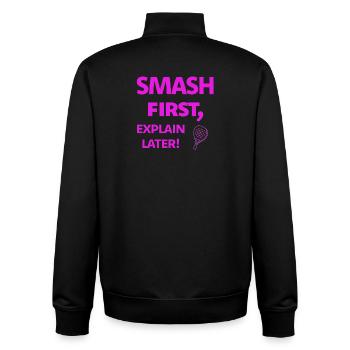 Smash First, Explain Later Padelspruch - Unisex Organic Zip Sweatshirt von Stanley/Stella - Schwarz - Hinten - AI Model Male 185 light (185cm)