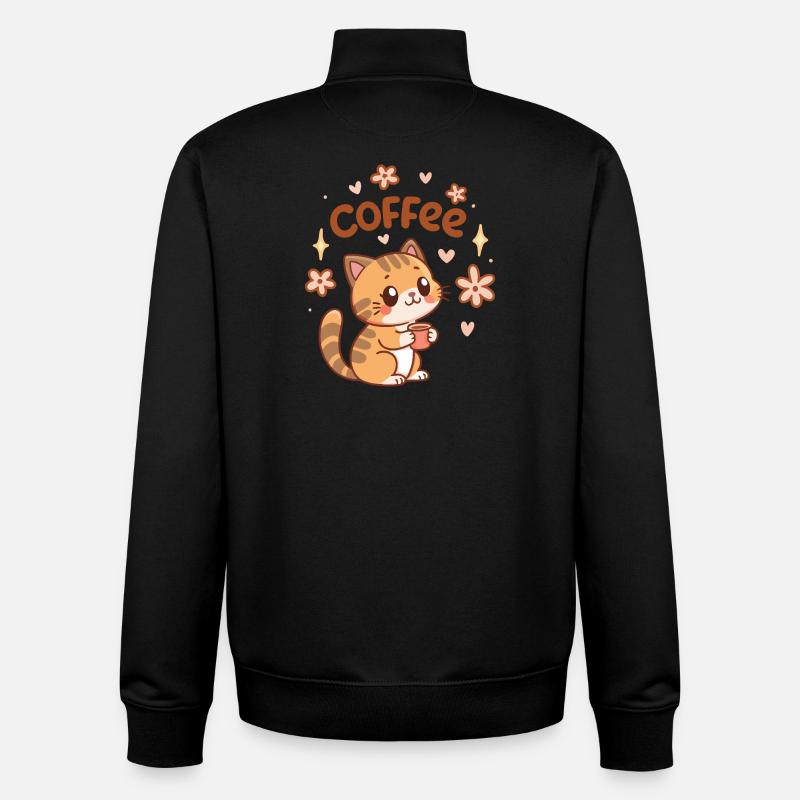 Chat café mignon et fleurs - Sweat zippé unisexe en coton bio Stanley/Stella - noir