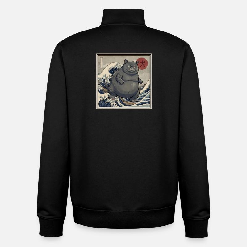 Chat Kaiju japonais 犬 Grosse Vague Hokusai - Sweat zippé unisexe en coton bio Stanley/Stella - noir