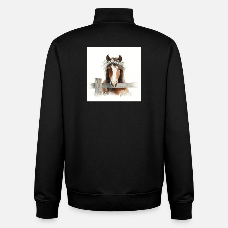 Aquarellpferd mit Blumenkrone - Unisex Organic Zip Sweatshirt von Stanley/Stella - Schwarz