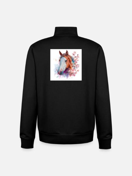 Aquarell Pferde- und Kirschblüten - Unisex Organic Zip Sweatshirt von Stanley/Stella - Schwarz