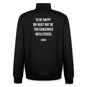 Camus-Zitat-Tee: Nicht allzu besorgt - Unisex Organic Zip Sweatshirt von Stanley/Stella - Schwarz - Hinten - AI Model Male 185 light (185cm)