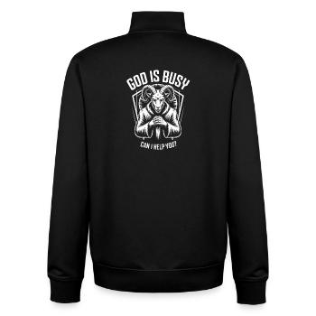 Ziegendämon betet: Gott ist beschäftigt - Unisex Organic Zip Sweatshirt von Stanley/Stella - Schwarz - Hinten - AI Model Male 185 light (185cm)