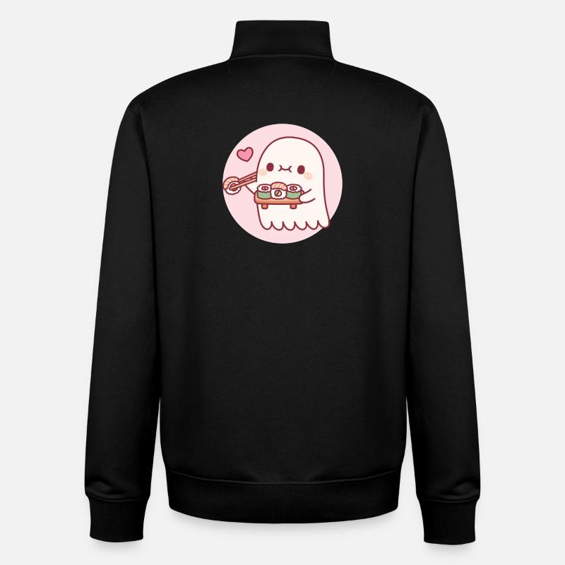 Cute Little Ghost Loves Sushi Rolls - Unisex Organic Zip Sweatshirt by Stanley/Stella - black