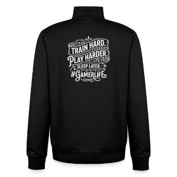Gamer Life Motto: Train Hard Play Harder - Unisex Organic Zip Sweatshirt von Stanley/Stella - Schwarz - Hinten - AI Model Male 185 light (185cm)