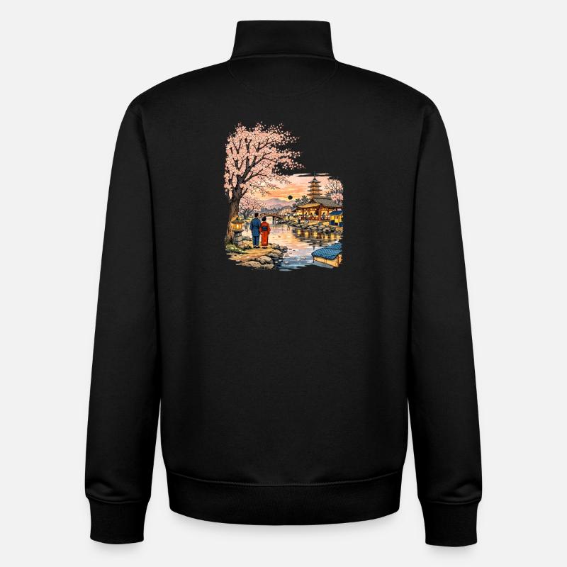 Fleurs traditionnelles de cerisier japonais - Sweat zippé unisexe en coton bio Stanley/Stella - noir