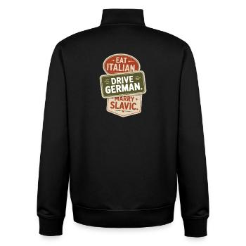 Eat Italian Drive German Marry Slavic Balkan Auto - Unisex Organic Zip Sweatshirt von Stanley/Stella - Schwarz - Hinten - AI Model Male 185 light (185cm)