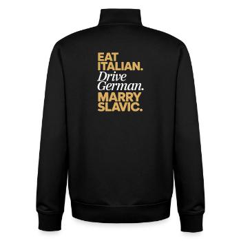 Eat Italian Drive German Marry Slavic Balkan Auto - Unisex Organic Zip Sweatshirt von Stanley/Stella - Schwarz - Hinten - AI Model Male 185 light (185cm)