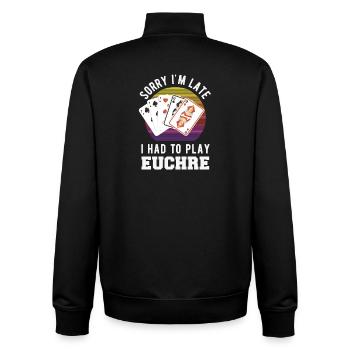 Tut Mir Leid Dass Ich Zu Spät Bin Euchre - Unisex Organic Zip Sweatshirt von Stanley/Stella - Schwarz - Hinten - AI Model Male 185 light (185cm)