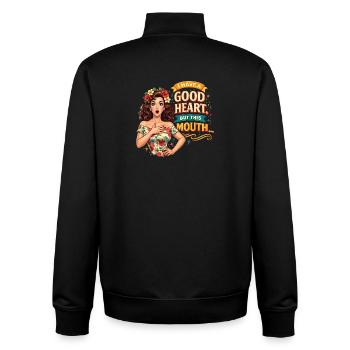 Bon cœur mais bouche espiègle, sarcasme rétro - Sweat zippé unisexe en coton bio Stanley/Stella - noir - Dos - AI Model Male 185 light (185cm)