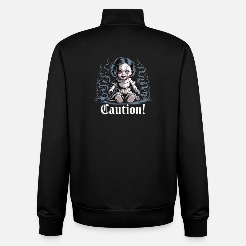 Creepy Doll with Caution Text - Unisex Organic Zip Sweatshirt by Stanley/Stella - black