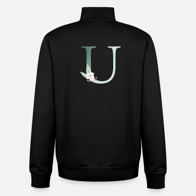 U Monogram, Floral, Personalizable - Unisex Organic Zip Sweatshirt by Stanley/Stella - black