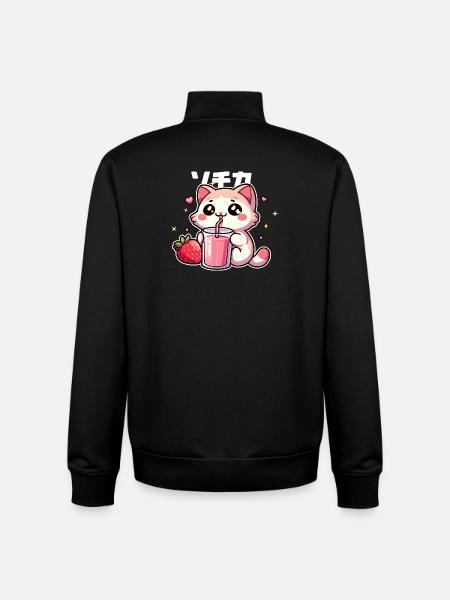 Kawaii kitten drinking strawberry smoothie - Unisex Organic Zip Sweatshirt by Stanley/Stella - black