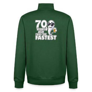 Il y a 70 ans, l’anniversaire le plus rapide et drôle - Sweat zippé unisexe en coton bio Stanley/Stella - vert bouteille - Dos - AI Model Male 185 dark (185cm)