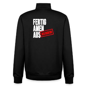 Großbuchstaben Stempelbanner - Fertig Amen Aus - Unisex Organic Zip Sweatshirt von Stanley/Stella - Schwarz - Hinten - AI Model Male 185 light (185cm)