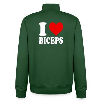 J’adore les biceps, la salle de sport, le bodybuilding, le fitness - Sweat zippé unisexe en coton bio Stanley/Stella - vert bouteille - Dos - AI Model Male 185 dark (185cm)