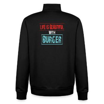 Lebensfreude mit Burger Spruch - Unisex Organic Zip Sweatshirt von Stanley/Stella - Schwarz - Hinten - AI Model Male 185 light (185cm)
