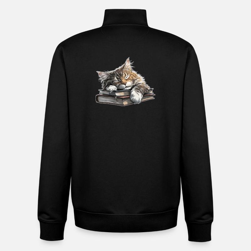 Süße Katze schläft auf Bücherstapel - Unisex Organic Zip Sweatshirt von Stanley/Stella - Schwarz