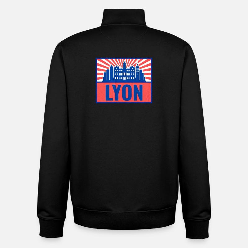 Lyon Skyline BlueRed Rétro - Sweat zippé unisexe en coton bio Stanley/Stella - noir
