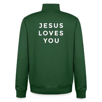 Jésus t’aime – Foi chrétienne - Sweat zippé unisexe en coton bio Stanley/Stella - vert bouteille - Dos - AI Model Male 185 dark (185cm)