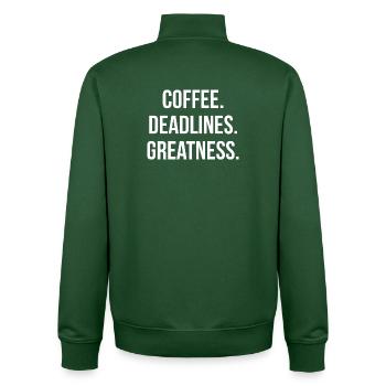 COFFEE. DEADLINES. GREATNESS. | Greyline Official - Unisex Organic Zip Sweatshirt by Stanley/Stella - bottle green - Back - AI Model Male 185 dark (185cm)