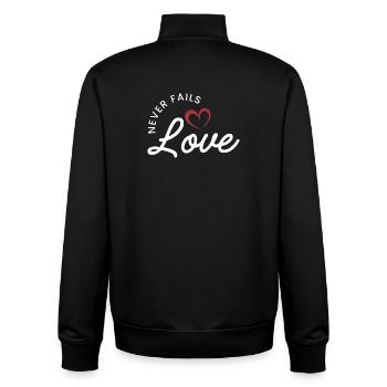 ❤️L’amour ne manque jamais - 1 Corinthiens 13:8 - Sweat zippé unisexe en coton bio Stanley/Stella - noir - Dos - AI Model Male 185 light (185cm)