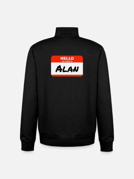 Hej Mit navn er Alan Label Navneskilt - Stanley/Stella unisex sweatshirt med lynlås i økologisk - sort