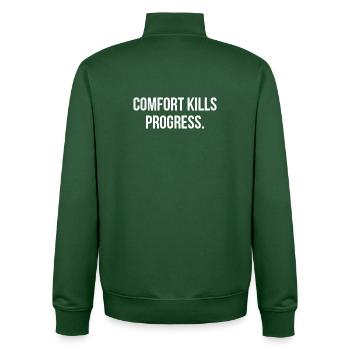 COMFORT KILLS PROGRESS. | Greyline Official - Unisex Organic Zip Sweatshirt by Stanley/Stella - bottle green - Back - AI Model Male 185 dark (185cm)
