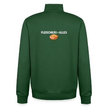 FLEISCHKÄS > ALLES Shirt – Food Statement & Humor - Unisex Organic Zip Sweatshirt by Stanley/Stella - bottle green - Back - AI Model Male 185 dark (185cm)
