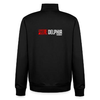 Colorful text-based design of Philly and Delta - Unisex Organic Zip Sweatshirt by Stanley/Stella - black - Back - AI Model Male 185 light (185cm)