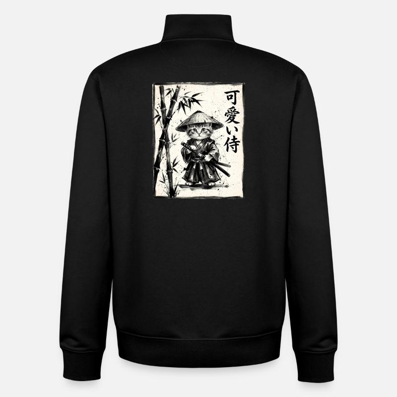 Samurai Cat Sumi-e Ink Drawing - Unisex Organic Zip Sweatshirt by Stanley/Stella - black