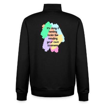Slogan "Grenzen heilen" - Unisex Organic Zip Sweatshirt von Stanley/Stella - Schwarz - Hinten - AI Model Male 185 light (185cm)