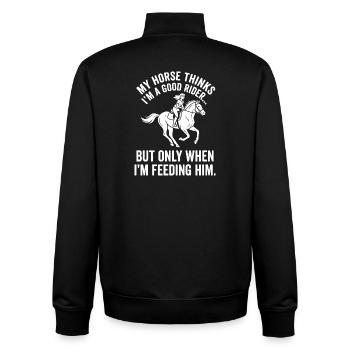 Ich bin guter Reiter — nur beim Füttern - Unisex Organic Zip Sweatshirt von Stanley/Stella - Schwarz - Hinten - AI Model Male 185 light (185cm)