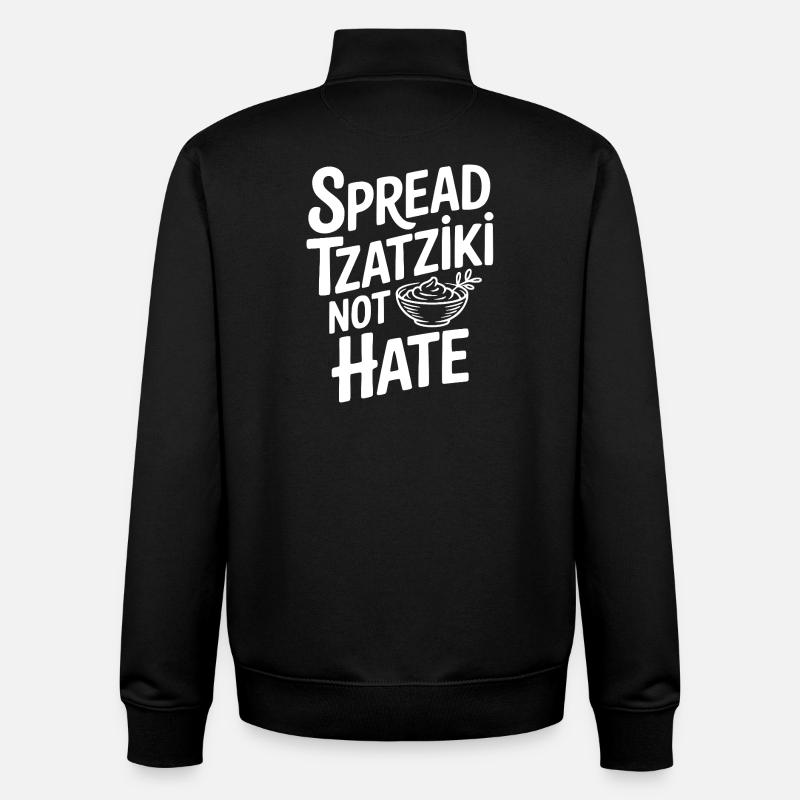 Diffusez Tzatziki, Pas la Haine - Sweat zippé unisexe en coton bio Stanley/Stella - noir