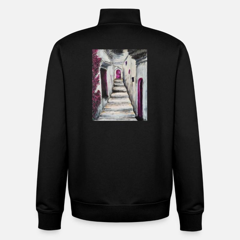 Sunlit Whitewashed Stairs with Pink Accents Greece - Unisex Organic Zip Sweatshirt by Stanley/Stella - black