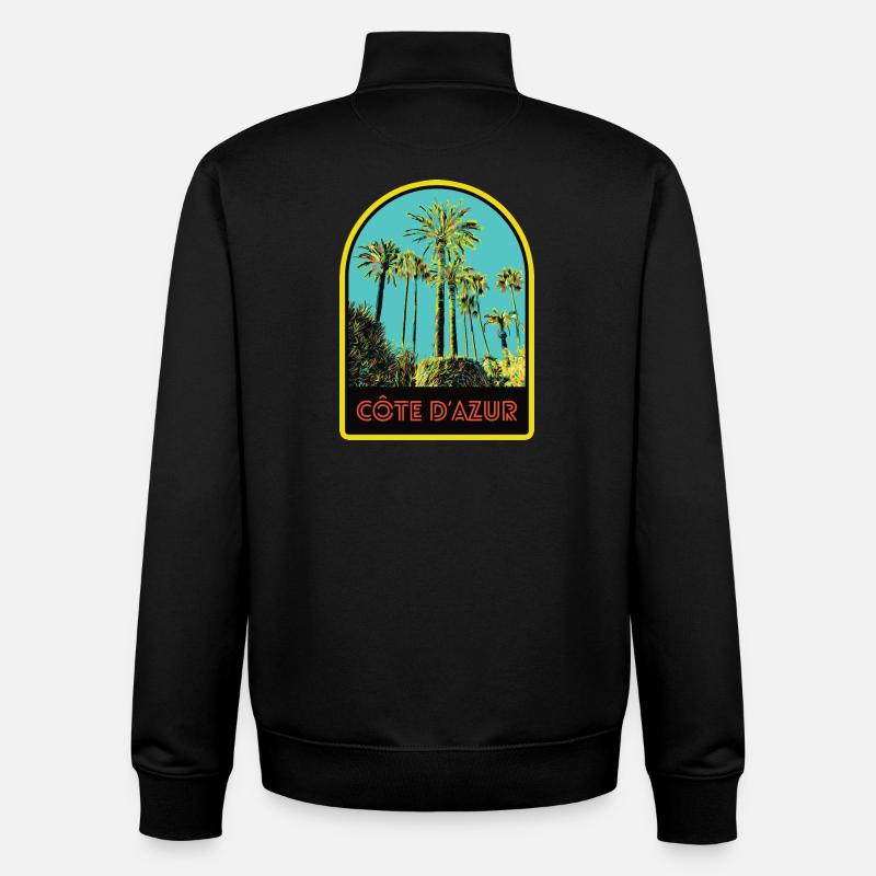 llustration palmiers emblématiques, Còte d'Azur - Sweat zippé unisexe en coton bio Stanley/Stella - noir
