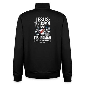 Jesus Der Original Fischer – Herzen Fangen - Unisex Organic Zip Sweatshirt von Stanley/Stella - Schwarz - Hinten - AI Model Male 185 light (185cm)