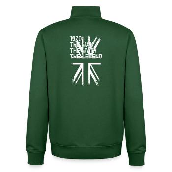 Typographie grunge britannique des années 1970 Union Jack - Sweat zippé unisexe en coton bio Stanley/Stella - vert bouteille - Dos - AI Model Male 185 dark (185cm)