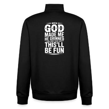 Als Gott mich erschuf, grinste er und sagte, das wird Spaß machen - Unisex Organic Zip Sweatshirt von Stanley/Stella - Schwarz - Hinten - AI Model Male 185 light (185cm)
