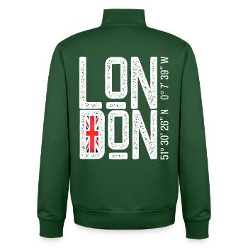 London Flag Distressed Typo - Unisex Organic Zip Sweatshirt by Stanley/Stella - bottle green - Back - AI Model Male 185 dark (185cm)