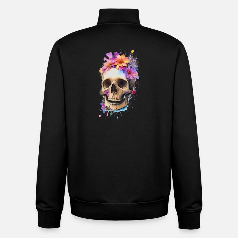 Crâne avec des fleurs - Sweat zippé unisexe en coton bio Stanley/Stella - noir