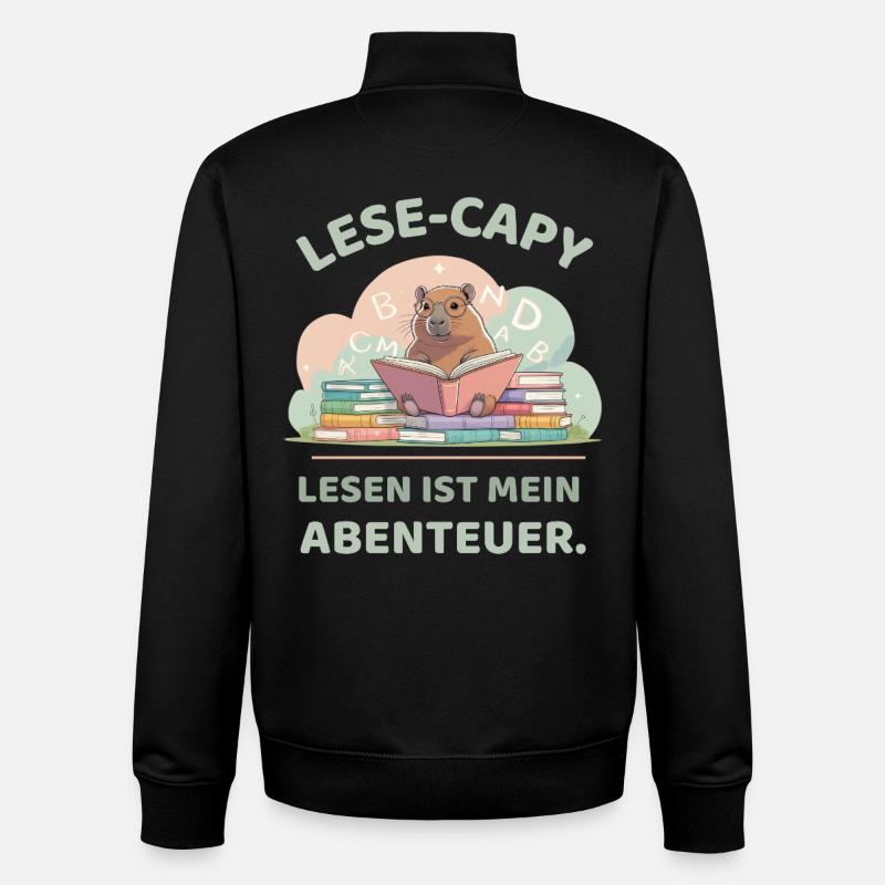 Capybara reading between stacks of books - Unisex Organic Zip Sweatshirt by Stanley/Stella - black